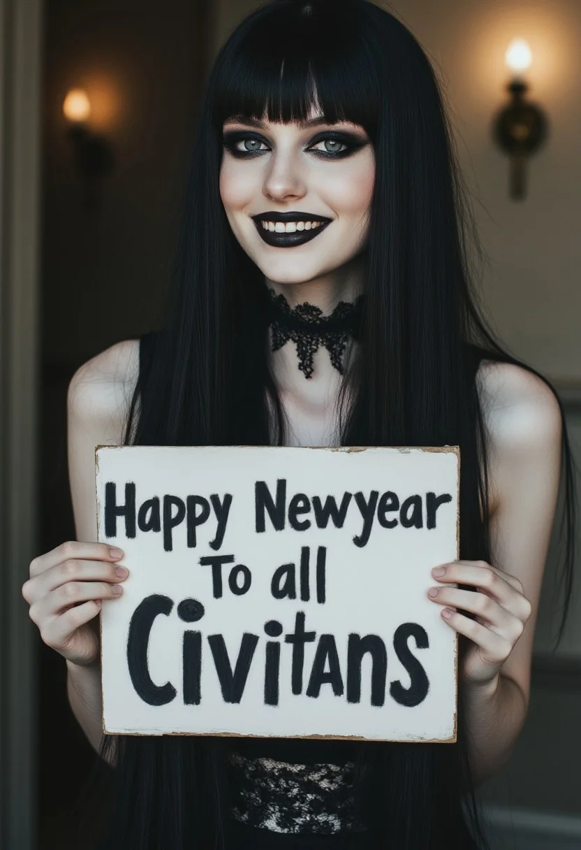 FictionalCrystal, a goth girl with heavy black eye makeup and black lipstick. smiling and holding a sign that says "Happy Newyear to all Civitans"