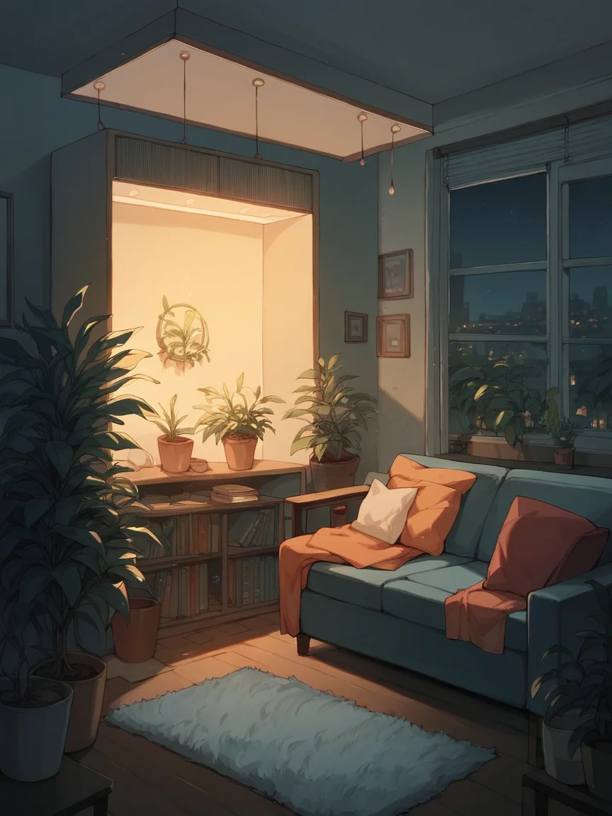 score_9, score_8_up, score_7_up, score_6_up, <lora:d4rkv1b3XLP:0.8> d4rkv1b3, dark, night, 1girl, sitting, potted plant, living room, curvy,