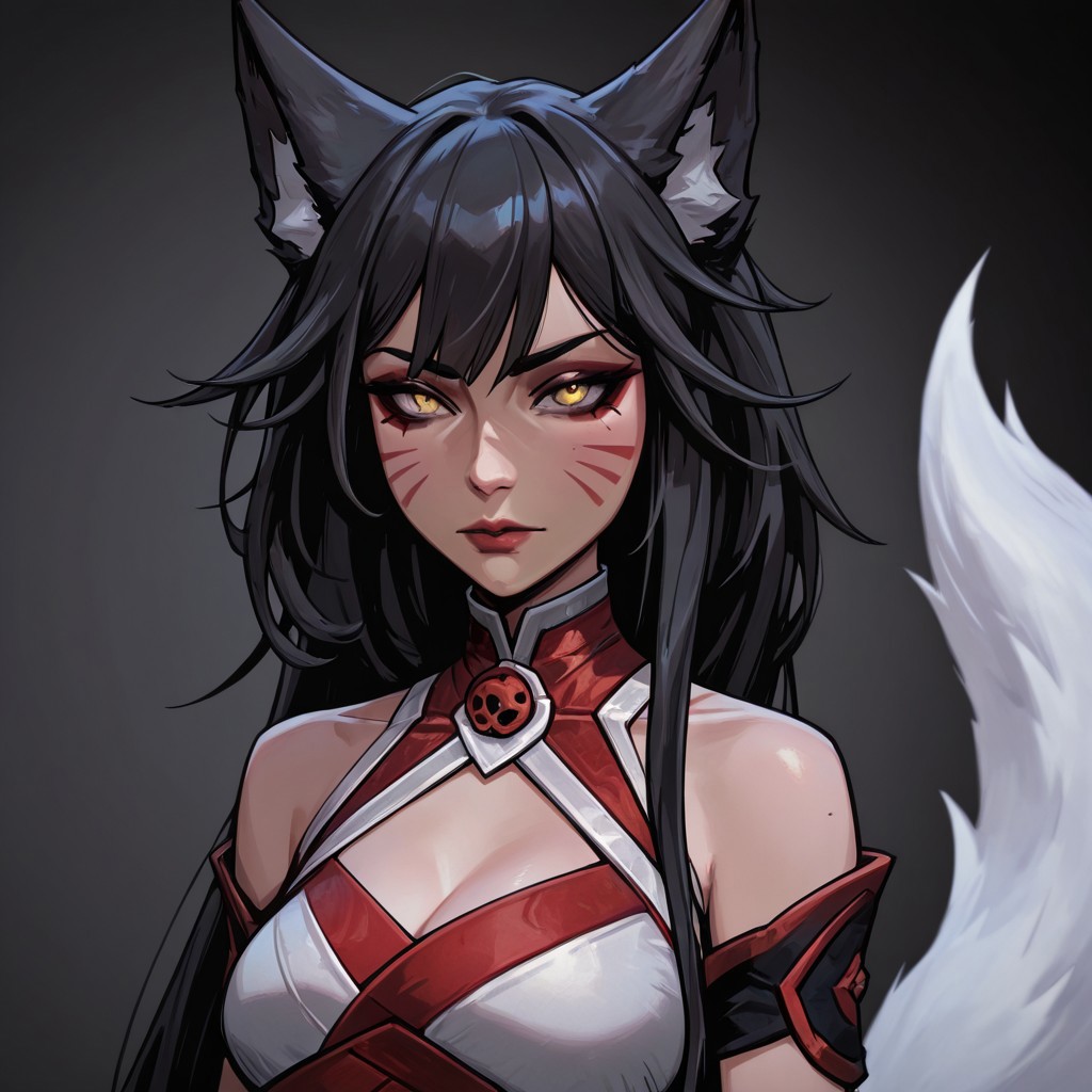 masterpiece, best quality, newest, absurdres, highres, 
TTCSV1.0, 1girl, RKBAV1.1, black hair, japanese clothes, animal ears, yellow eyes, fox ears, fox tail, tail, facial mark, whisker markings, bare shoulders,