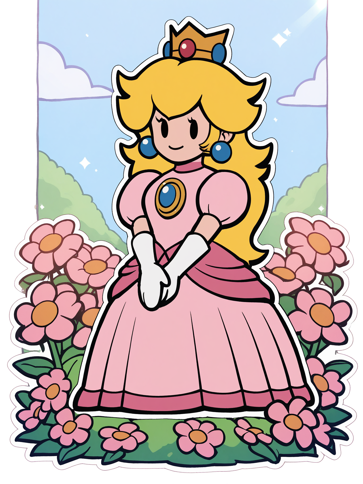 paperpeach, 1girl, blonde hair, dress, solo, crown, long hair, pink dress, jewelry, earrings, white gloves, full body, solid oval eyes, smile, outdoors, looking at viewer,white outline, score_9, score_8_up, score_7_up, score_6_up, score_5_up, score_4_up <lora:PaperPeachPony1.0:1> flowers,flower field, sunlight,