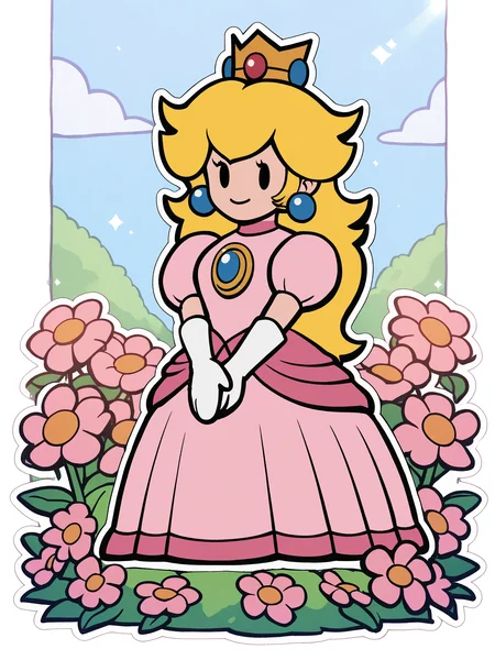 paperpeach, 1girl, blonde hair, dress, solo, crown, long hair, pink dress, jewelry, earrings, white gloves, full body, solid oval eyes, smile, outdoors, looking at viewer,white outline, score_9, score_8_up, score_7_up, score_6_up, score_5_up, score_4_up <lora:PaperPeachPony1.0:1> flowers,flower field, sunlight,