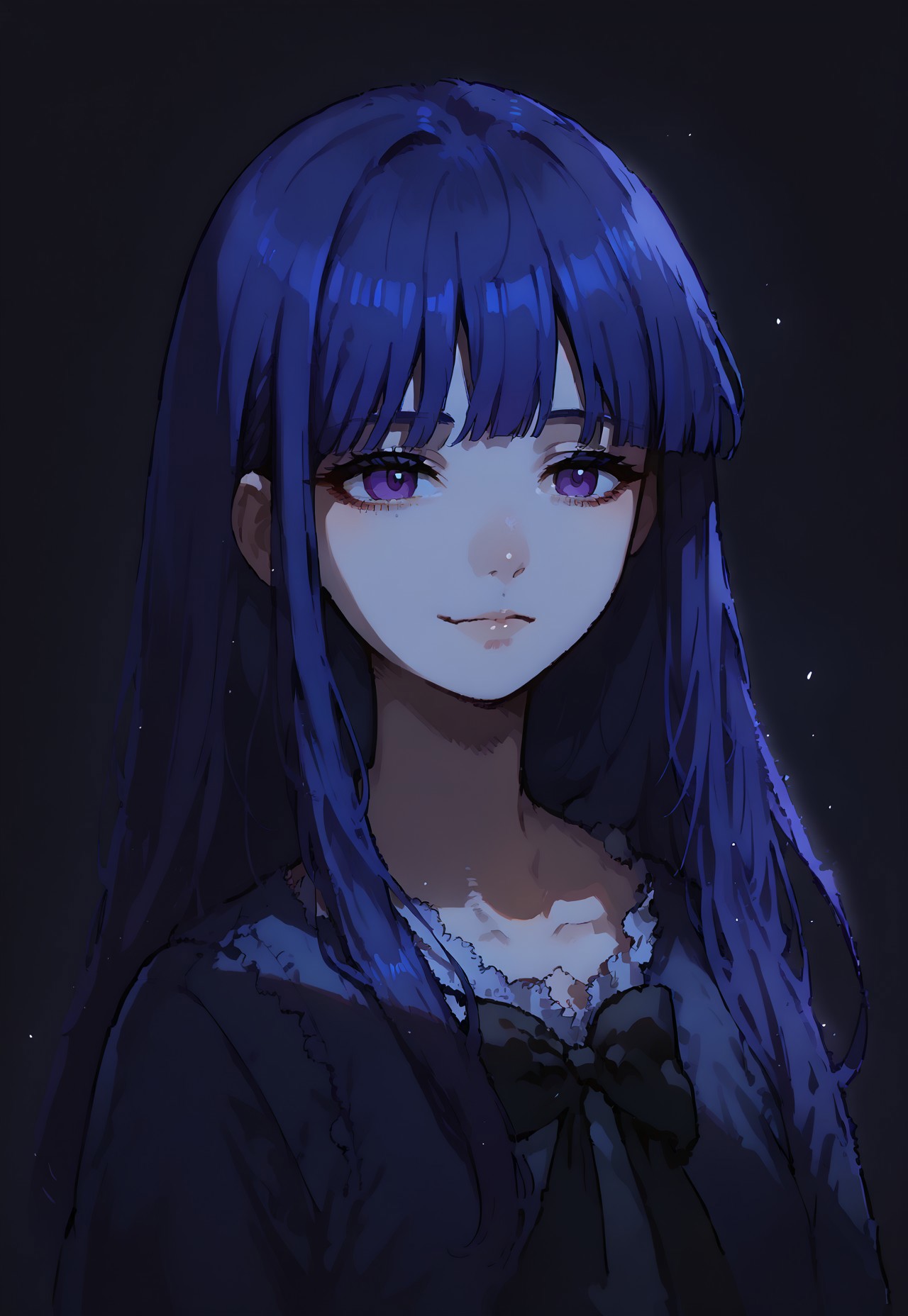 score_9, score_8_up, score_7_up, score_6_up, source_anime,1girl, bernkastel, long  hair, blue hair, purple eyes, expressionless, slight smile, portait, eye focus, dcr34sed_c0l0ring, dark background, night