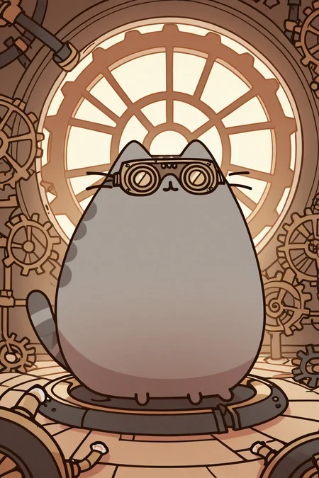 masterpiece, best quality, pusheen, wearing steampunk goggles, tinkering with a mechanical device, gears and pipes in background, tiny steam-powered robot helper ,<lora:PusheenIXL:1.0>,