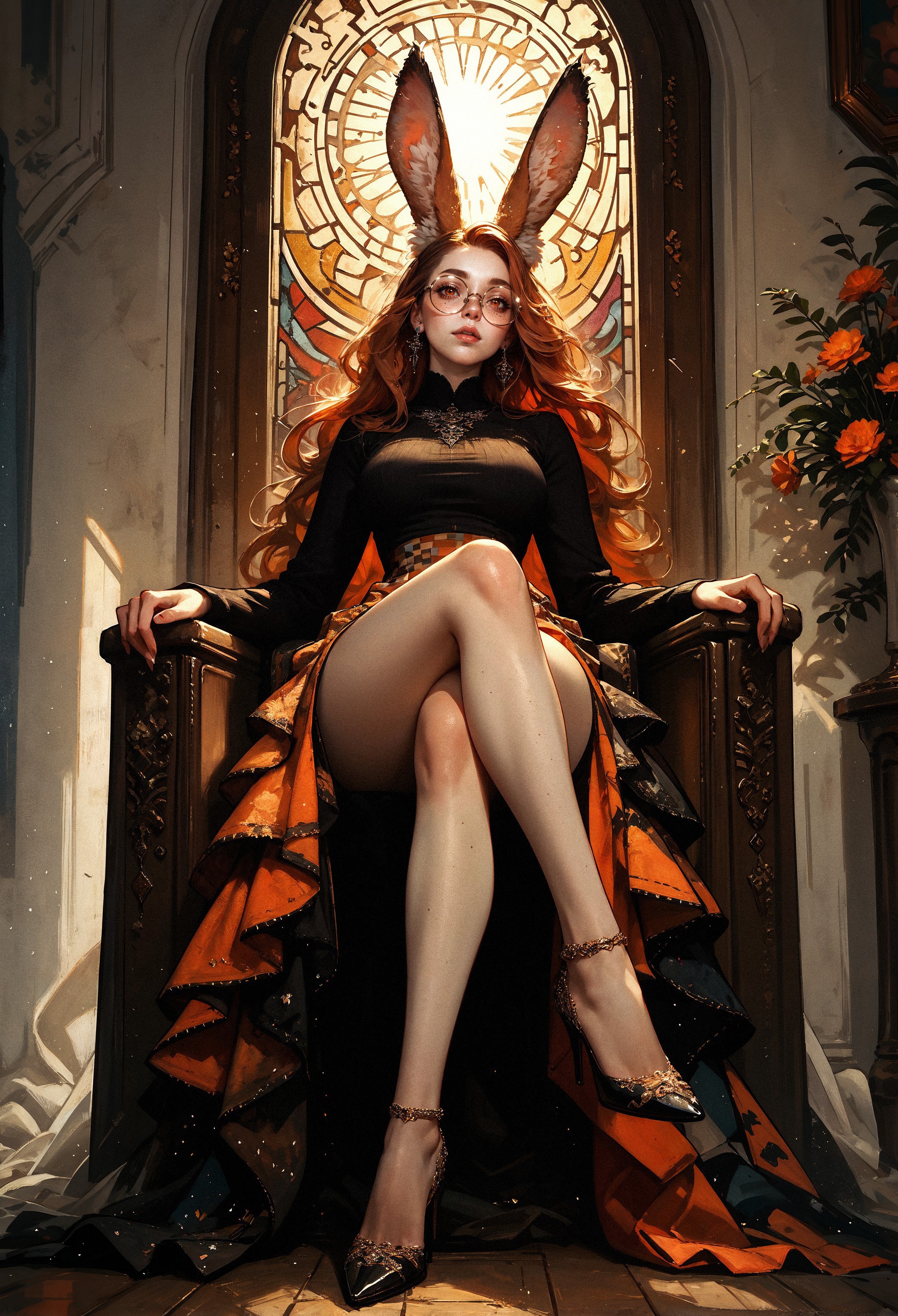 score_9, score_8_up, score_7_up, score_6_up, score_5_up, score_4_up,  solo, Viera, full body, (fluffy ears, fluff in ears:1.3), sitting on a throne, view from below, black top, long sleeves, orange skirt, checkered skirt, a woman with white hair, side cornrows, legs, thighs, crossed legs, (high heels:1.1), morning sun, beautifully backlit, a detailed painting, fantasy art, 1girl, large breasts, freckles, round eyewear, pale skin, full lips, orange eyes, long hair, absurd res,