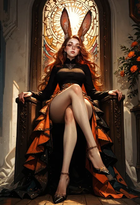 score_9, score_8_up, score_7_up, score_6_up, score_5_up, score_4_up,  solo, Viera, full body, (fluffy ears, fluff in ears:1.3), sitting on a throne, view from below, black top, long sleeves, orange skirt, checkered skirt, a woman with white hair, side cornrows, legs, thighs, crossed legs, (high heels:1.1), morning sun, beautifully backlit, a detailed painting, fantasy art, 1girl, large breasts, freckles, round eyewear, pale skin, full lips, orange eyes, long hair, absurd res,