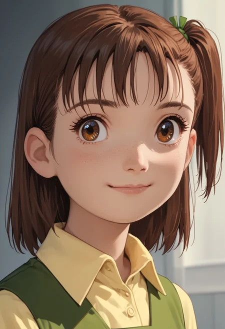 score_9, score_8_up, score_7_up, score_6_up, score_5_up, score_4_up, JeriKatou, 1girl, solo, brown hair, side ponytail, brown eyes, light smile, portrait, green dress, yellow collared shirt,
