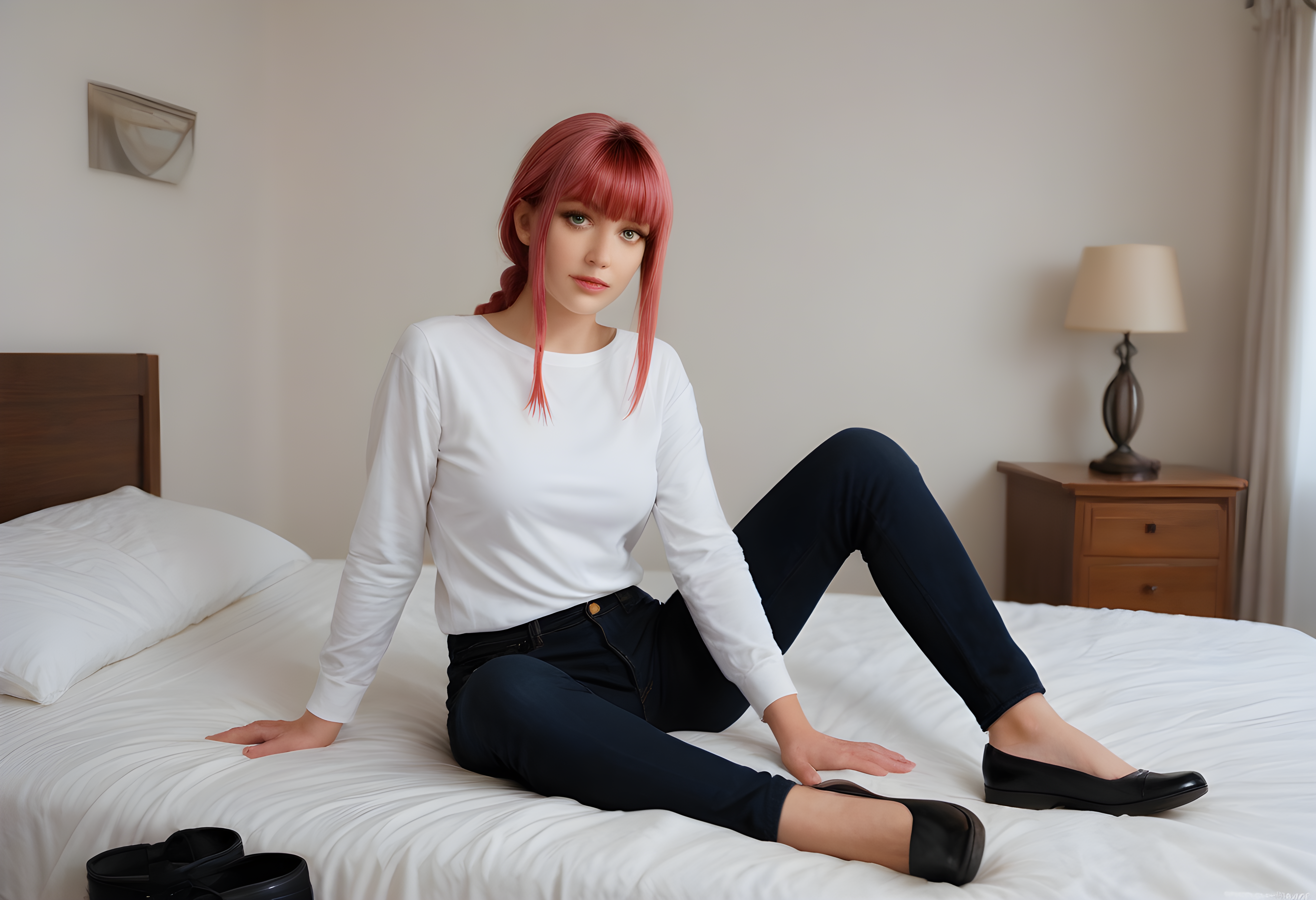 score_9, score_8_up, score_7_up, BREAK, The image shows a woman with pink hair sitting on top of a bed, wearing a white shirt and black pants. The background is white and there is a watermark in the bottom right corner. realistic, makima \(chainsaw man\), 1girl, solo, long hair, looking at viewer, bangs, shirt, long sleeves, sitting, yellow eyes, white shirt, pink hair, braid, red hair, shoes, pants, black footwear, blurry, lips, eyelashes, on bed, black pants, denim, curtains, foreshortening, jeans, ringed eyes, shoe soles,  photo, real hair, detailed skin, highly detailed, detailed skin, film grain, <lora:zy_AmateurStyle_v2:0.45>