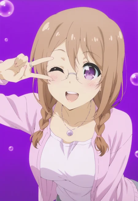 anime screencap, anime coloring,  <lora:DX888Yui:1> saitou yui, purple eyes, brown hair, long hair, twin braids,  BREAK   pants, (open cardigan:1.2), necklace,  shirt, wedding ring, white shirt, glasses,  BREAK simple background, purple background,  marble background, BREAK     1girl, blush, leaning forward, solo,  v, open mouth, happy,  v over the eye, (upper body:1.2), one eye closed, teeth,