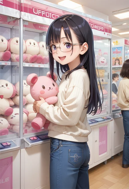 score_9, score_8_up, score_7_up, rating_safe, masterpiece, best quality, absurdres, unity 8k wallpaper, official art, official style, source_anime, game cg, megami magazine,
1girl, solo, glasses, black hair, long hair, white ribbed sweater, jeans, happy, smile, looking at another, open mouth, solo focus, face focus, side view,
UFOCatcher, crane game, arcade, scenery, indoors, still life, character doll
<lora:UFO_CATCHER_PONY_V1:1>