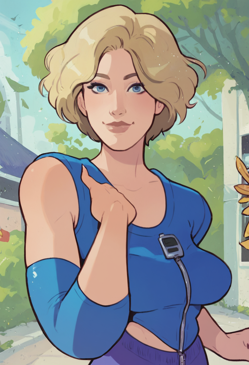 score_9, score_8_up, score_7_up, 1girl, mature_female, large_breasts, portrait, solo, looking_at_viewer, open_eyes, Dancing in a flamenco pose, perspective, (Baby blue bikesuit), very short hair, marcel wave, Blonde hair, industrial, cropped_arms, rating_safe, <lora:pony\artist_styles\hornyx_pony:1.0>