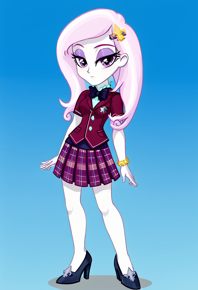 (High Resolution), (More Details), (8K), (High Resolution), NEGATIVE_HANDS, Fleur-de-lis, Equestria girls, 1 girl, alone, bare breasts, blouse, bow tie, bracelet, clothing, Crystal Prep Academy, Crystal Prep Shadowbolts, eyeshadow, female, fleur-de-lis outfits, short sleeves, makeup, plaid skirt, pleated skirt, skirt, high heels , Full body, Standing, Sexy and sensual, beautiful, beauty, attractive, toned all over the body, Posing sexy and sensual,  Seductive and sensual look, Posing