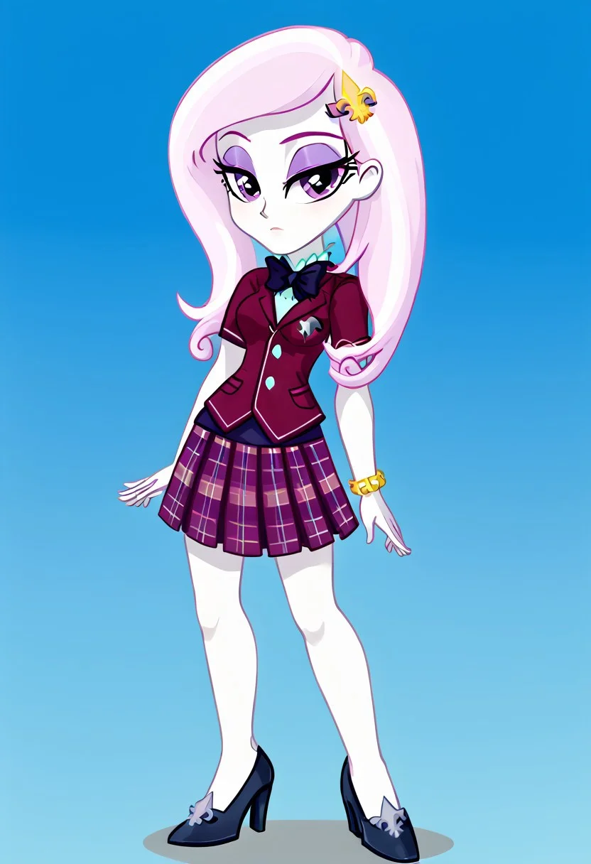 (High Resolution), (More Details), (8K), (High Resolution), NEGATIVE_HANDS, Fleur-de-lis, Equestria girls, 1 girl, alone, bare breasts, blouse, bow tie, bracelet, clothing, Crystal Prep Academy, Crystal Prep Shadowbolts, eyeshadow, female, fleur-de-lis outfits, short sleeves, makeup, plaid skirt, pleated skirt, skirt, high heels , Full body, Standing, Sexy and sensual, beautiful, beauty, attractive, toned all over the body, Posing sexy and sensual, Seductive and sensual look, Posing