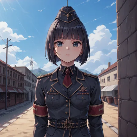 (score_9, score_8_up, score_7_up), 1girl, black hair, hime cut, short hair, black eyes, detail1eye, small breasts, black military uniform, black garrison cap, frontal view, standing (next to tank) BREAK pnthrtnk (outdoors:1.3), (best quality:1.2) (high quality:1.1), <lora:add-detail-xl:0,5>, <lora:xl_more_art-full_v1:0.5>,
