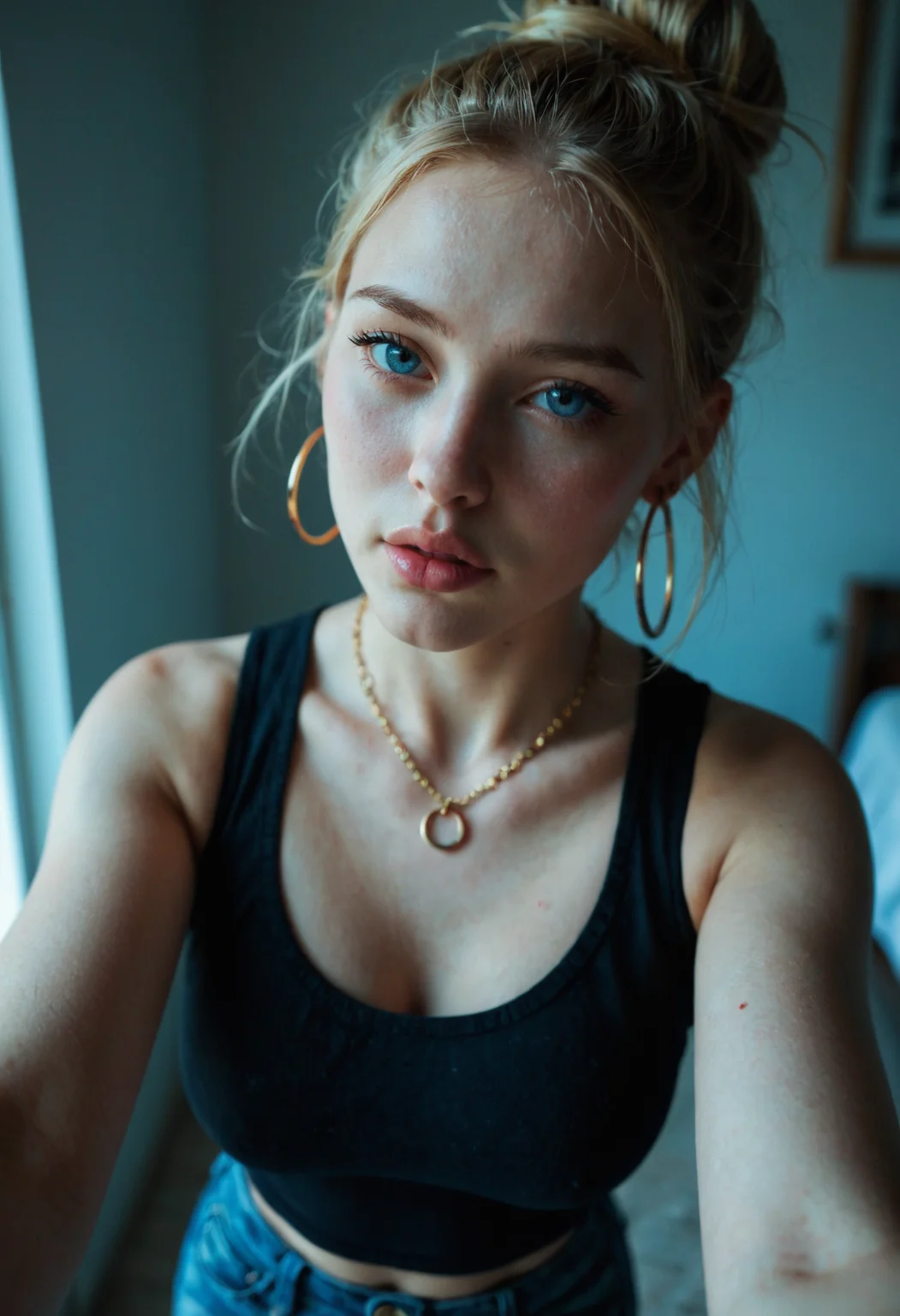 1girl, blonde hair, hair bun, bangs, blue eyes, glossy lips, parted lips, soft expression, natural makeup, earrings, hoop earrings, sleeveless shirt, black shirt, tight jeans, warm lighting, casual, selfie, looking at viewer, jewelry, necklace, high bun, soft skin, blush, cute girl, aesthetic room, intimate setting, realistic, masterpiece, best quality, highres