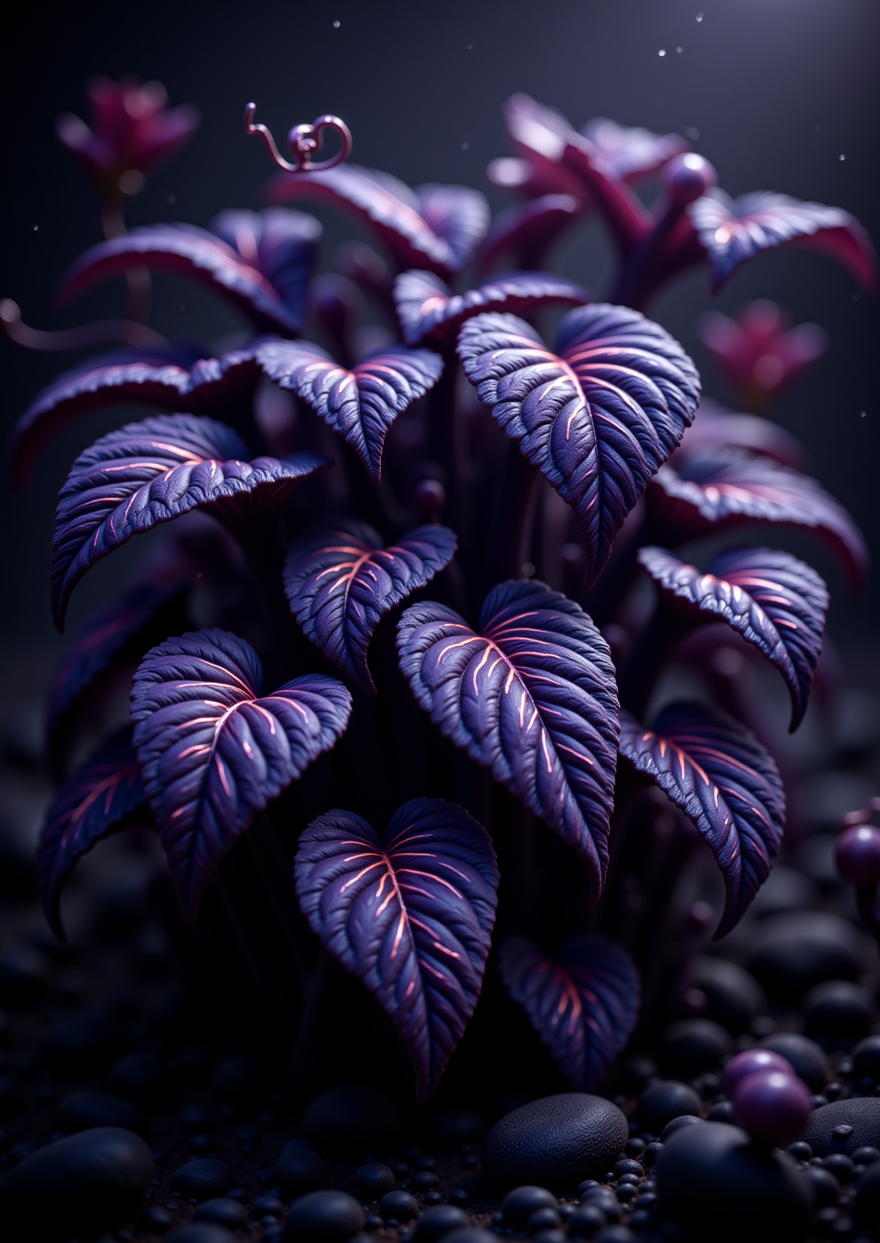 This is a highly detailed, close-up CGI image of a dark fantasy bush with large, surreal leaves. The leaves are deep indigo, almost black, with intricate, glowing patterns resembling veins coursing through them. Each leaf appears to pulse softly with an eerie, bioluminescent light, creating a mesmerizing contrast against the shadowy background. The surrounding air is thick with a faint, mystical mist, enhancing the otherworldly and mysterious atmosphere of the scene.