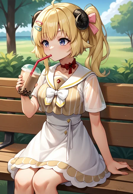 score_9, score_8_up, source_anime, 1girl, solo, WatameCasual, ahoge, side ponytail, short hair, hairclip, vertical-striped dress, white skirt, high-waist skirt, sailor collar, red choker, white bow, see-through sleeves, outdoors, sitting, on bench, drinking, sipping, straw, bubble tea, <lora:ChamTsunomakiWatamePonyXLV2:1>