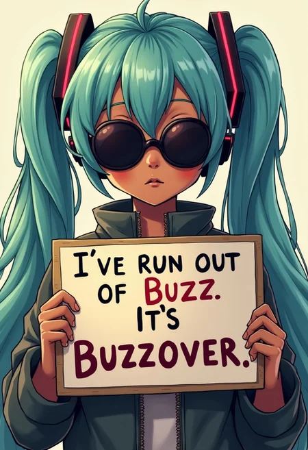 realistic teenage dark skinned hatsune miku with dark sunglasses holding a sign that says "I've run out of Buzz, Its Buzzover.", (dark skinned)