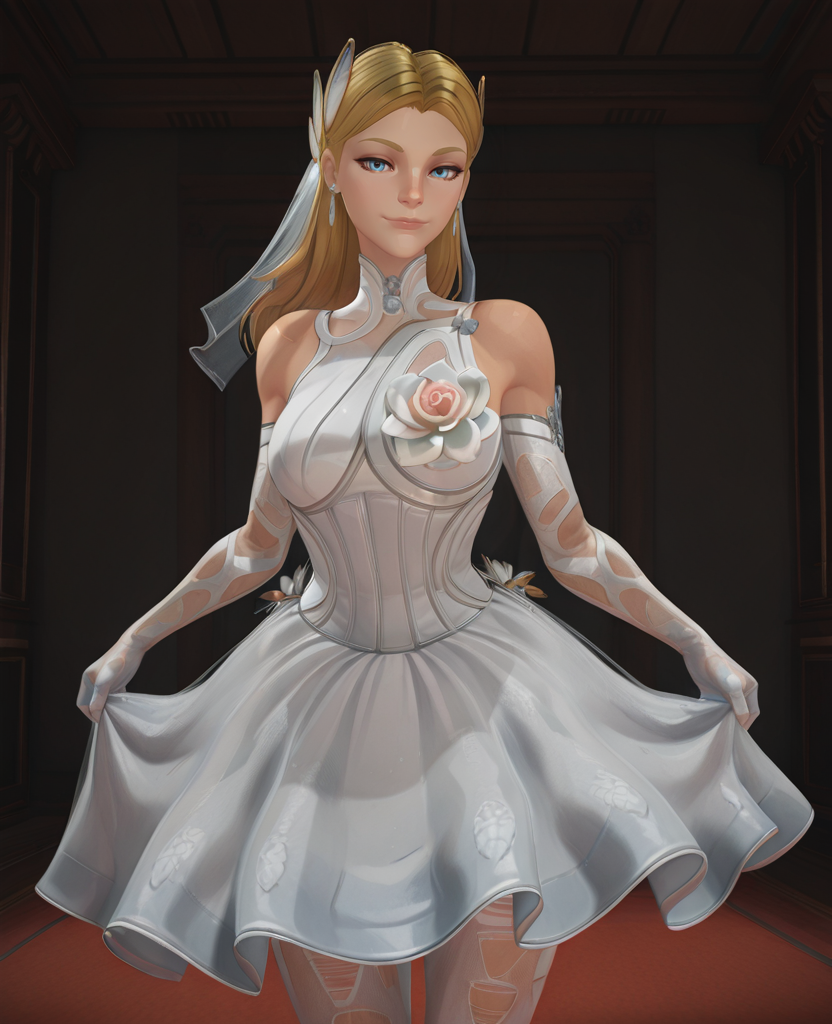 highres, absurdres,3d, <lora:Bride_invisible_woman_ILLUS_2-000008:0.8> , iv1, 1girl, blonde hair, blue eyes, long hair, bridal veil, hair ornament, elbow gloves, dress, earrings, white pantyhose, torn pantyhose, holding skirt, looking at viewer, light smile,