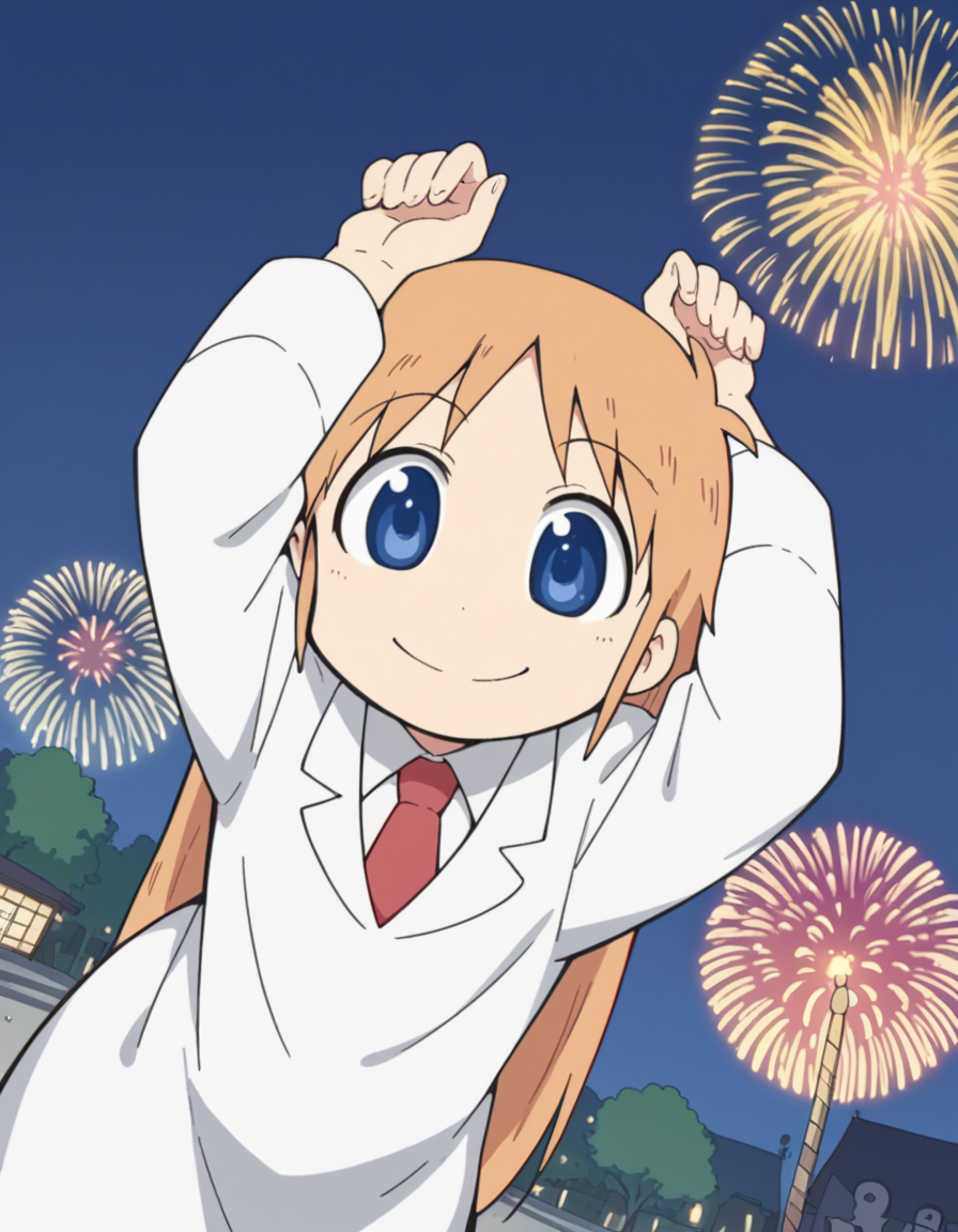 score_9, score_8_up, score_7_up, source_anime, <lora:hakase-shinonome-s1-ponyxl-lora-nochekaiser:1>, hakase shinonome, long hair, blue eyes, blonde hair, orange hair,, necktie, red necktie, labcoat,, festival, fireworks, summer night, food stall, traditional, arms up,, , leaning forward,, looking at viewer, solo,, dutch angle, cowboy shot
