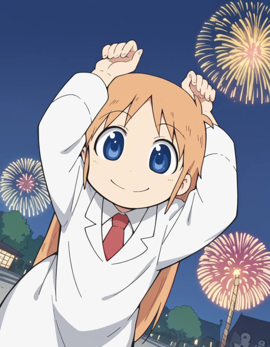 score_9, score_8_up, score_7_up, source_anime, <lora:hakase-shinonome-s1-ponyxl-lora-nochekaiser:1>, hakase shinonome, long hair, blue eyes, blonde hair, orange hair,, necktie, red necktie, labcoat,, festival, fireworks, summer night, food stall, traditional, arms up,, , leaning forward,, looking at viewer, solo,, dutch angle, cowboy shot