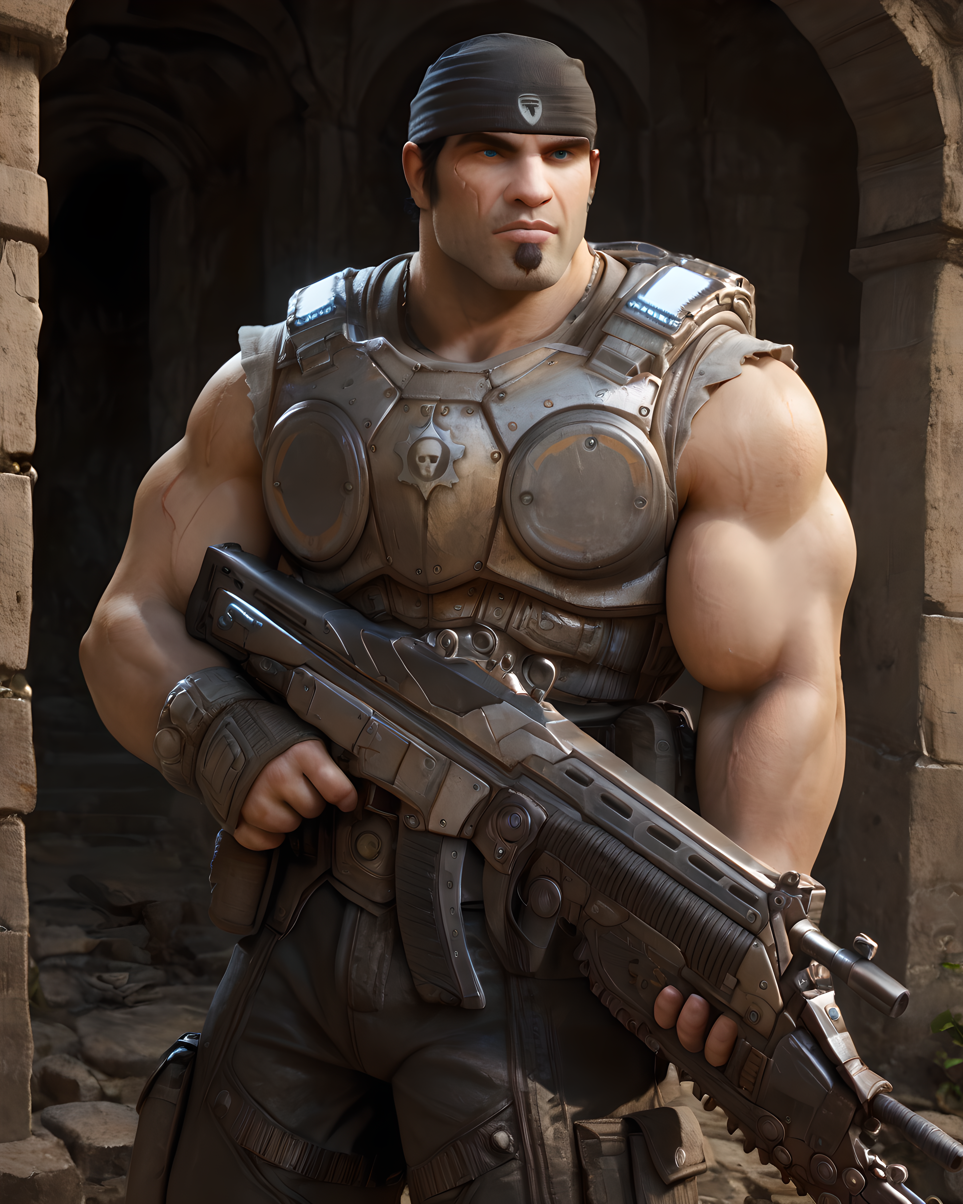 <lora:Marcus_Fenix_PonyXL-10(2):0.9> og_marcus_fenix, ruins, standing, trigger discipline, holding rifle, rifle, (muscular:1.4), (long vertical scar :1.3), goatee, looking at viewer, blue eyes, sleeveless armor, long pants, bandana, score_9, score_8_up, score_7_up,