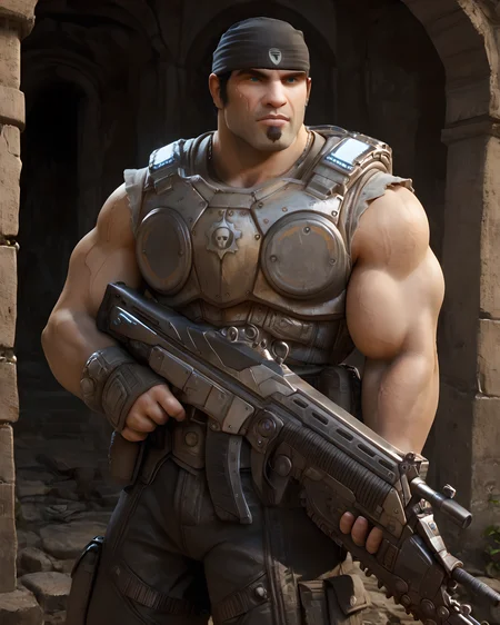 <lora:Marcus_Fenix_PonyXL-10(2):0.9> og_marcus_fenix, ruins, standing, trigger discipline, holding rifle, rifle, (muscular:1.4), (long vertical scar :1.3), goatee, looking at viewer, blue eyes, sleeveless armor, long pants, bandana, score_9, score_8_up, score_7_up,