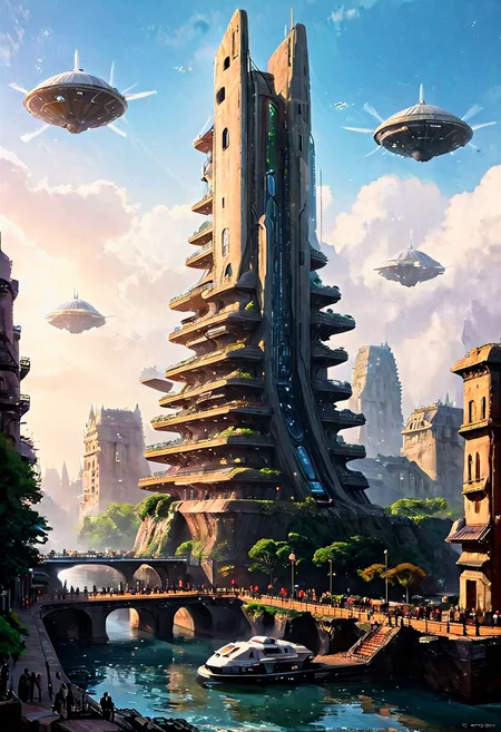 A new type of flying ship for sightseeing in the city of the future, 
Residents live in a sizable number of glass bubble capsules,
The alien colonial cities of the future look like towering ant nests built in Halfway underground in the Grand Canyon, glass dome, communications spire landmark, aircraft terminal, aerial mass transportation,
((The steel tower in the imperial capital of Star Wars, the Rubik's Cube and Golden Tower of the corporate headquarters in Blade Runner, The floating kingdom of Hayao Miyazaki's Castle in the Sky, the catacombs of Paris are full of skulls, Famous British architect Dream Detective)),
(futuristic:1.2), a huge military factory made of steel, glass, fog, sun, in the clouds, , futuristic military planes, moody tones, 
(real landscape:1.1), (blurred background:1.0), [buildings|vehicle|Crowd|buildings|trees|buildings|trees|vehicle|Crowd:0.7], (background, more_details:0.3) 
great lighting, stacked, vertical, futureskyline, Cyberpunk city, Office Buildingdark art impressionist painting