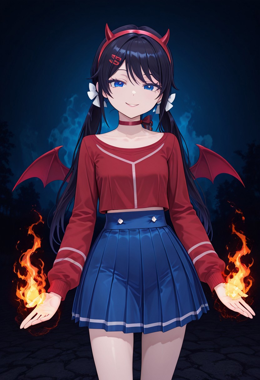 hairs flowing on the air, semireal, black hairs, mita,1girl, solo, petite, hair ornament, perfect, sexy, twintails, red choker, red hairband, long hair, blue_eyes, black hairs, blue skirt, white bows, two ordinary small red clips, red shirt, black hairs, bright colors, bright red, bright blue, as succubus with small wings and small red horns, sweet evil smile, casting flame magic spell, fire magic galaxy background, scary landscape vibe