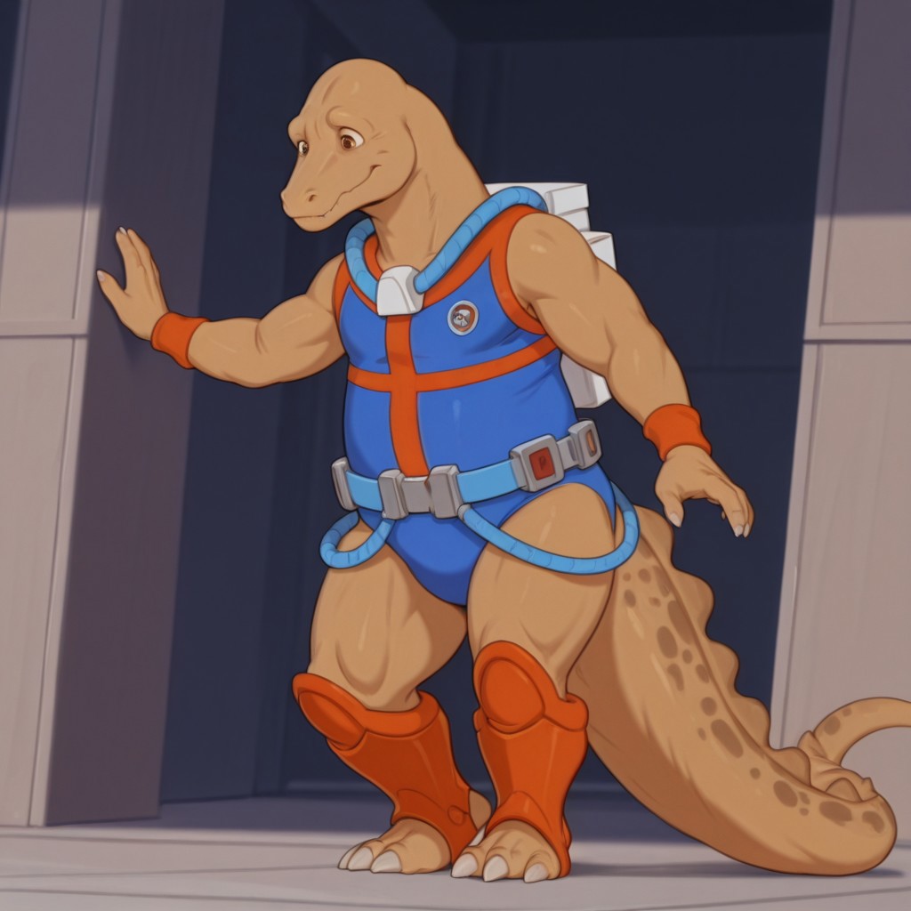 masterpiece, best quality, amazing quality,  boneheadDSil, anthro, male, Pachycephalosaurus, tan skin, brown eyes,blue leotard, orange trim, belt, hoses, orange wristbands, orange greaves, white backpack, outside, 1boy, male focus, solo