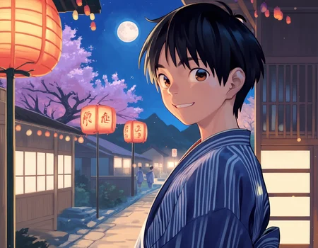 score_9, score_8_up, score_7_up, score_6_up, film grain, outdoors, night sky, moon, tree, festival, backlighting, from side, 1boy, solo, black hair, brown eyes, japanese clothes, yukata, smile, looking at viewer <lora:shounen_zoomXL_ot_v4d-AMXL_v2score:0.95>