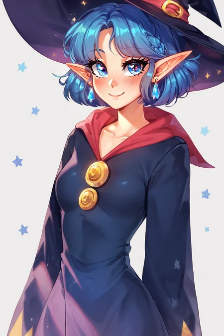 score_9, score_8_up, score_8, medium breasts, (curvy), cute, eyelashes, BREAK, , zzIrene, pointy ears, short hair, blue hair, witch hat, witch, earrings, long robe, <lora:IreneZelda_PDXL:0.8>, , BREAK, smile, closed mouth, looking at viewer, cowboy shot, ,,, embedding:zPDXL, Expressiveh, ,,, <lora:Puppypaww_Style_PDXL_v2:0.8>, <lora:SDXLFaeTastic2400:0.5>, <lora:Expressive_H-000001:0.4>,