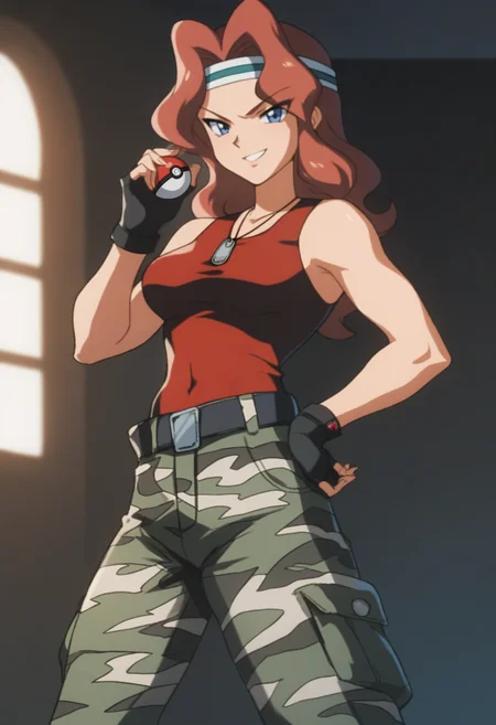 score_9, score_8_up, score_7_up, score_6_up, score_5_up, score_4_up, source_anime, <lora:PMVGFT:0.9>, PMVGFT, medium breasts, red hair, long hair, blue eyes, v-shaped eyebrows,
headband, red tank top, camouflage pants, belt, dog tags, fingerless gloves, covered navel, black boots,
looking at viewer, seductive smile, poke ball, hand up, 
BREAK indoors, dim lighting,