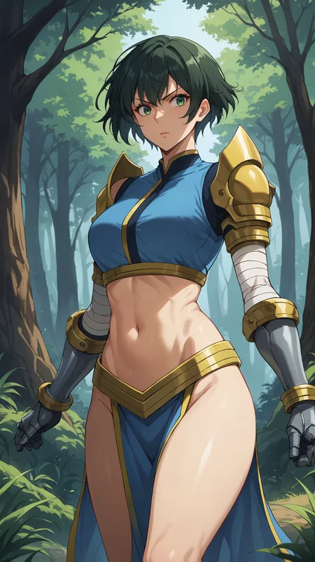 score_9,score_8_up,score_7_up,score_6_up, source_anime, girl, dynamic pose, looking into the distance, <lora:Seo Jiwoo - Pony:0.8>, seo_jiwoo_sl, short hair, dark green hair, bangs, green eyes, blue top, midriff, yellow armor, yellow shoulder pads, wrapped arms, bandaged arm, gloves, armored gloves, iron gloves, blue loincloth, pelvic curtain, gold waistband, bare legs, nature, forest, vegetation,