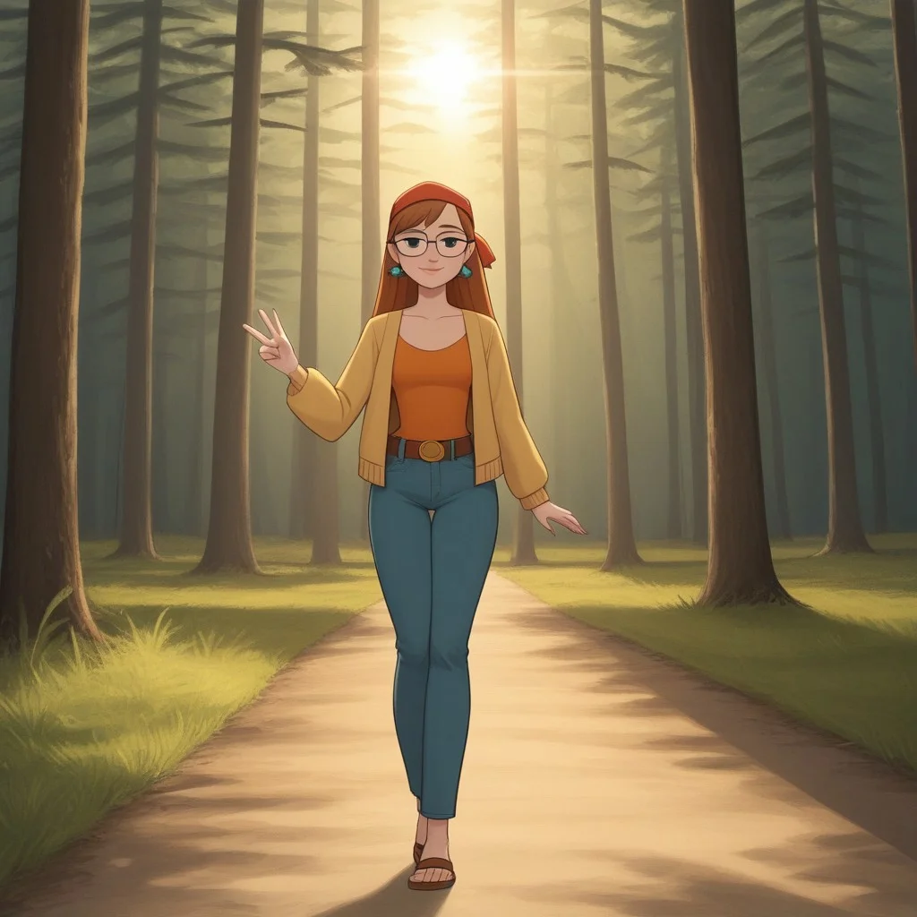 score_9, score_8, BREAK, bandana, auburn hair, glasses, freckles, lips, peace symbol earrings, long sleeves, mini-jacket, long jeans, flip flops, total drama, miles_(\total_drama\), belt, black eyes, sexy pose, smile, outdoors, sunlight, shadows, evening lighting, natural lighting, forest, trees, grass, orange sky, sunset