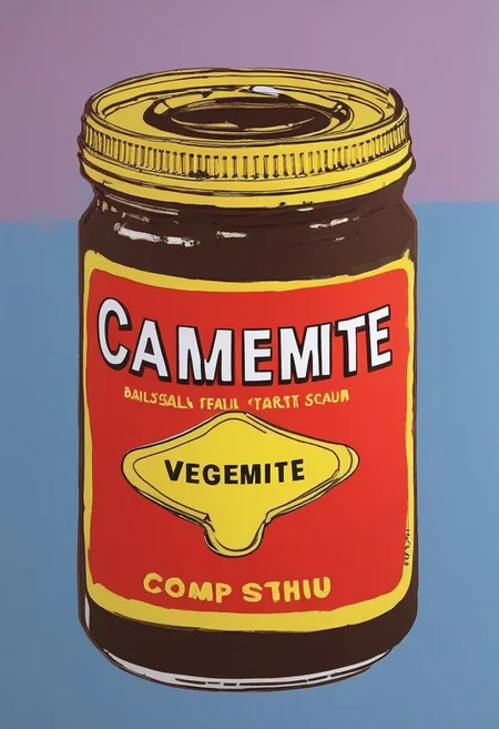 VegemiteArt, cambells soup can by Andy Warhol but instead it's Vegemite