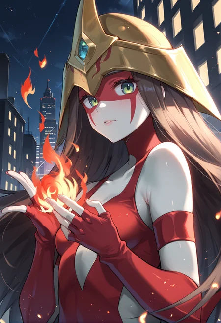 (score_9:0.9),score_8_up,score_7_up,rating_safe,anime style,(zPDXL),(zPDXL3),<lora:E hero flame wingman ponyXL v1.1:0.7>,elemental hero burstinatrix, 1girl, solo, fire, grey skin, looking at viewer, gold helmet, flame, red fingerless gloves, upper body, skyscraper, red energy ball, red bodysuit, facial mark