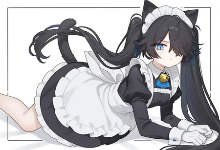 (Maid-kasli), solo, white gloves, dress, hair over one eye, maid apron, blue eyes, twintails, cat ears, maid headdress, maid, gloves, 1girl, apron, juliet sleeves, long sleeves, long hair, black hair, animal ears, bell,(Fall down),