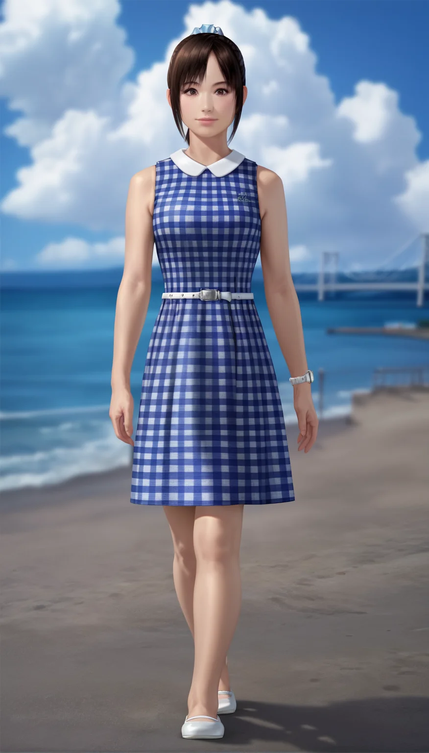 score_9,score_8_up,score_7_up,<lora:MiiyamotoHikari>,
miiyamotohikari,
highres,bloom,Volumetric Lighting,photorealism,
1girl,solo,black hair,bangs,blue scrunchie, brown eyes,looking at viewer,smile, sleeveless blue plaid dress,knee length dress,white collar,white wristwatch,white belt,white flat shoes, full body,walking, blurry background,simple background,outdoors,blue sky,cloud,ocean,