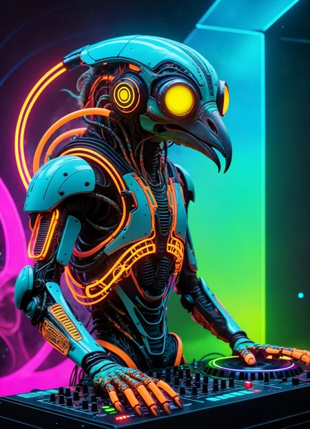 Ombre color scheme of neon orange, neon pink, neon blue, neon yellow, neon green, biomechanical cyberpunk psychedelic style cute weird (alien|penguin) creature DJing (at a rave:1.1) (giant speakers:1.2) (crowd distant background:1.15) (bokeh volumetric lighting, fog:1.1) <lora:fx-monsters:0.35> fx-monsters <lora:add-detail-xl:1> <lora:sss:0.8> <lora:xl_more_art-full_v1:0.35> <lora:The_Dark_Side_Of_The_Future:0.25> <lora:vibracol:0.5> vibracol, subsurface scattering, Photorealistic, Hyperrealistic, analog style, realistic, film photography, soft lighting, heavy shadow . vibrant colors, swirling patterns, abstract forms, surreal, trippy . cybernetics, human-machine fusion, dystopian, organic meets artificial, dark, intricate, highly detailed