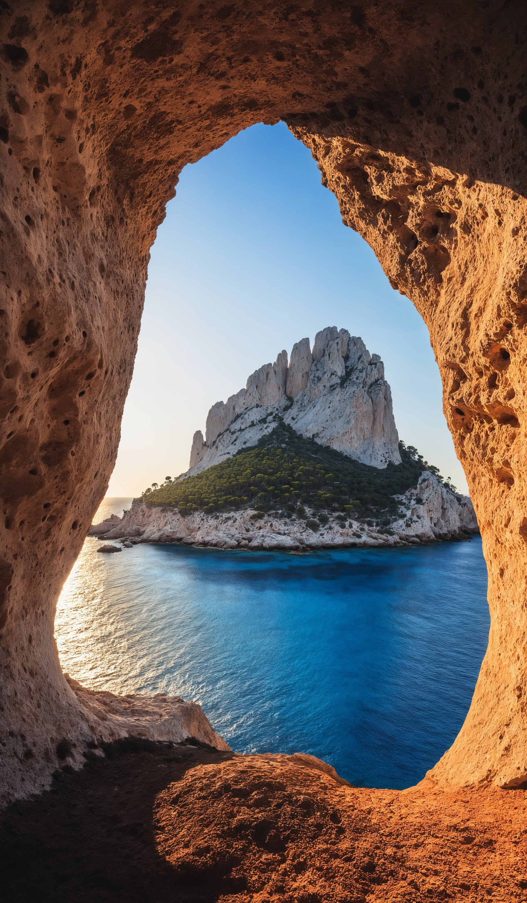 Es Vedra islet at sunset viewed through the rock holes of a cave in Ibiza, Sant Josep de Sa Talaia, Balearic Islands, Spain, breathtaking photograph, dramatic light, award-winning, professional, film, cinmatic look, film grain, minimalistic, <lora:add-detail-xl:1>, <lora:SDXLHighDetail:0.3>