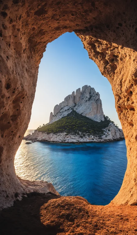 Es Vedra islet at sunset viewed through the rock holes of a cave in Ibiza, Sant Josep de Sa Talaia, Balearic Islands, Spain, breathtaking photograph, dramatic light, award-winning, professional, film, cinmatic look, film grain, minimalistic, <lora:add-detail-xl:1>, <lora:SDXLHighDetail:0.3>