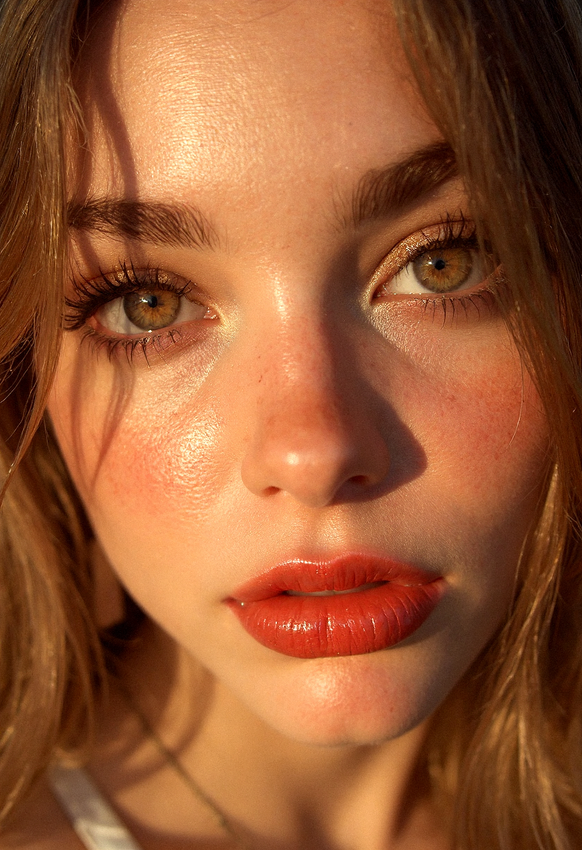 A hyper-realistic close-up portrait of a woman with strikingly sharp features and glowing, dewy skin. Her glossy, red lips take center stage, their rich hue perfectly complementing her soft, natural makeup. Her subtle golden eyeshadow adds a hint of glamour, blending seamlessly with the shimmer of her skin. Loose strands of her light chestnut hair frame her face, with delicate baby hairs softly visible. The background is softly blurred in warm, golden tones, creating a glowing atmosphere that enhances the photorealistic quality of her captivating gaze.