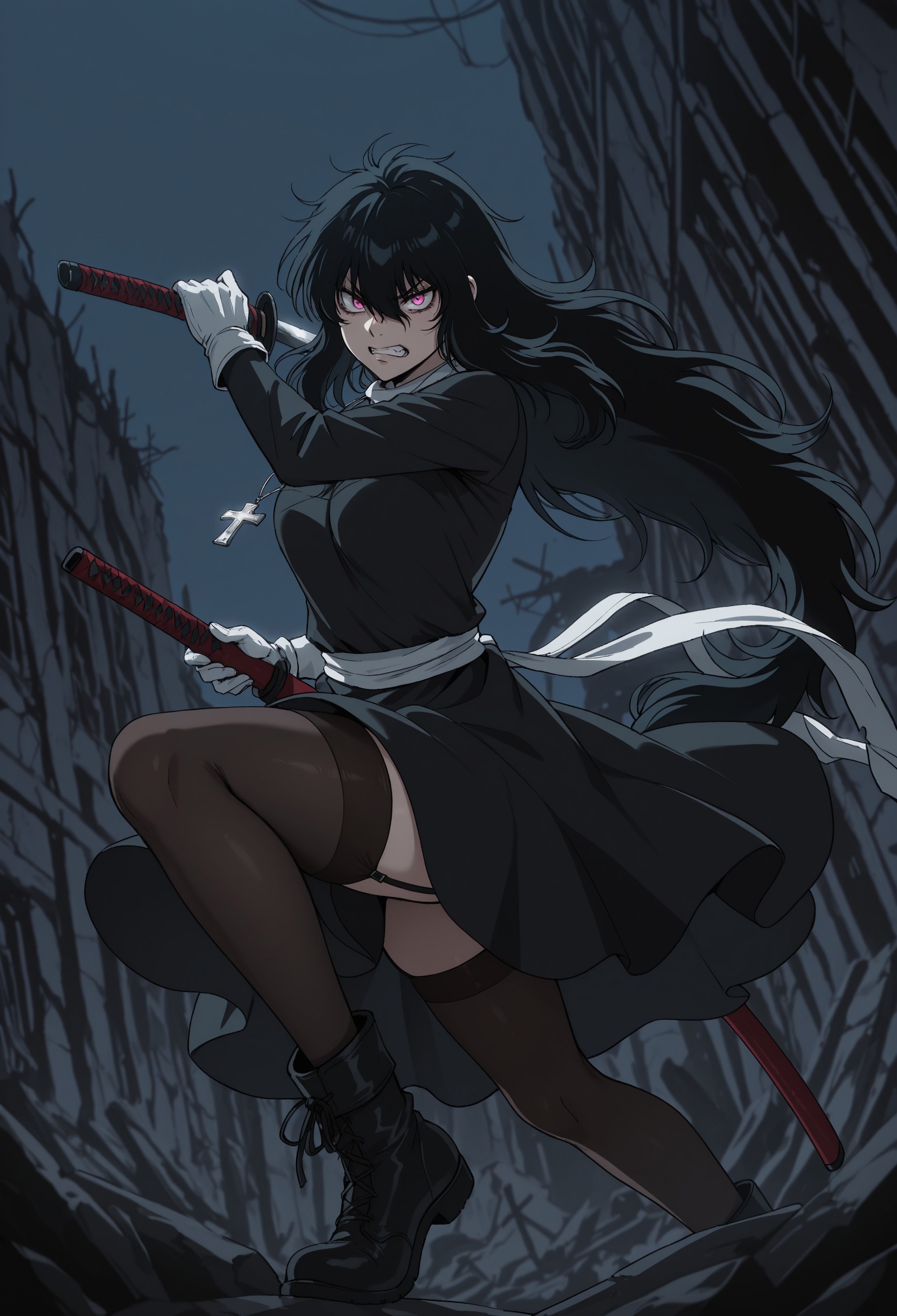masterpiece, best quality, amazing quality, very aesthetic, absurdres, YumieTakagi, 1girl, black hair, very long hair, pink eyes, medium breasts, silver cross necklace, white guimpe, long black dress, white gloves, white waist sash, black thighhighs, garter straps, black boots, dynamic pose, perspective, ruins, night, angry, clenched teeth, holding katana, looking at viewer, fighting stance, holding sheath