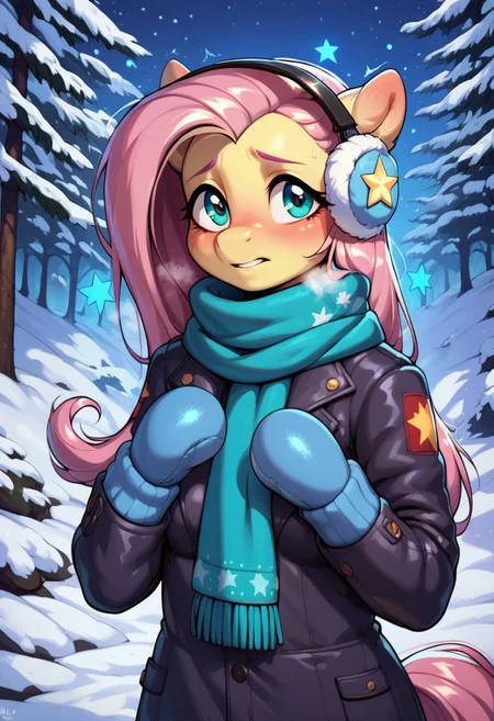 score_9, score_8_up, score_7_up, score_6_up, semi-realistic artwork, detailed background, high quality, vibrant colors, best quality rendering, intricate details, high resolution, sharp focus, best render quality, (background-winter forest, snow, night, stars, glowing stars), close up view, focus on face,
1girl, solo, Fluttershy (anthro pony), 18 yo, long hair, narrow shoulders, skinny, shiny skin, small perky breasts,
wearing a winter coat, scarf, mittens, fluffy winter earmuffs,
dynamic pose, shivering,
shy, blush, blushing, embarrassed, looking back at viewer, hot breath,