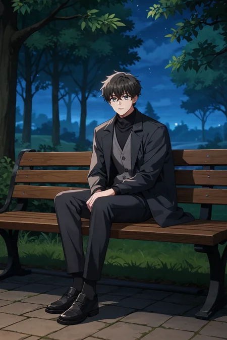 score_9, score_8_up, score_7_up,score_6_up,score_5_up,score_4_up,source_anime,BREAK, rating_safe, intricate details , , , anime screencap, anime coloring, official style, depth of field,1boy, solo, male focus , , , <lora:hajin:0.82>kim hajin, black hair,grey eyes, short hair,side-swept bangs,long sleeves, closed mouth, sitting, jacket, full body, shoes, pants, black footwear, pants, vest,coat, looking to the side, plaid, black pants, turtleneck, black coat,grey vest,open coat,outdoors, expressionless,tree,bench,night,from side , , , <lora:sdxl_lightning_8step_lora_315544:1>