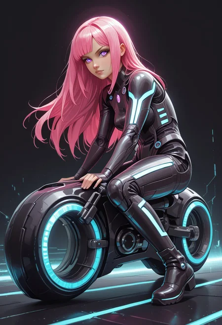 score_9, score_8_up, score_8, masterpiece, best quality, good quality, very aesthetic, absurdres, newest, 8K, depth of field, focused subject, dynamic angle, side view, 1girl,solo, CivChan, android, holofoil glitter, faint, glowing, ethereal, neon hair, glowing hair, long hair, purple eyes, looking sweet, coy, sci-fimasterpiece, best quality, good quality, very aesthetic, absurdres, newest, 8K, depth of field, focused subject, dynamic angle, side view, 1girl,solo, CivChan, android, holofoil glitter, faint, (glowing:1.5), ethereal, neon pink hair, glowing hair, long hair, neon purple eyes, looking at viewer, serious, zzCitronLegacy,
Looking like the character Gem from the movie Tron Legacy, black suit with glowing purple circuits, thick thighs, white boots, black eyeliner, mischievous expression, rides a TRON Motorbike, tron, giant bike, with angular Speed trail, in a Neon landscape, towering (geometric) structures, dark with vibrant electric-cyan highlights, cinematic sci-fi lighting, Shot with wide-angle lens, motion blur, ultra-detailed, photorealistic Tron style, black background elements, giant cyan glowing grid across the entire background,