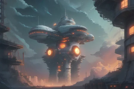 safe_pos, scifi fantasy, painterly concept-art, floating/hovering skydock, part of an astropunk manufacturing facility, where they produce commercial starships, up in the stratosphere, daytime, outdoors, cloudscape, implied scale, implied height, minimalist, [flat vector digital wallpaper style], high resolution, pastel hues, [orange, pearl white, pink, ochre, onyx, cobalt], neon lighting strips, 