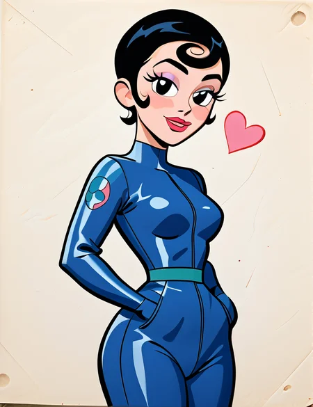 score_9, score_8_up, score_7_up,Environmental portrait, cropped legs, <lora:Agent_Honeydew_Pony:.85>, honeydew, agent_honeydew, 1girl, black hair, solo, lipstick, black eyes, short hair, heart shaped head, heart shaped face, blue body suit, full blue body suit, full body, thigh thighs, highly detailed face,  looking at viewer, fromt view, a vibrant diner, with bold colors, retro decor, lively atmosphere, trendy seating, and classic jukebox tunes, , dark navy high boots, hands in pockets, relaxed posture