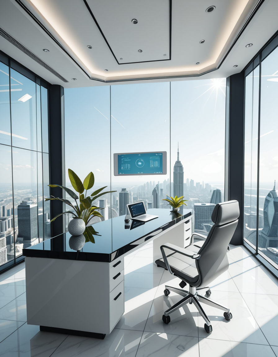 A modern, luxurious executive secretary's office located at the top floor of a futuristic skyscraper. The office has floor-to-ceiling glass walls offering a breathtaking panoramic view of a bustling metropolis under a clear blue sky. Inside, the design is ultra-minimalist and high-tech, with sleek white furniture, a glossy black desk with an integrated digital interface, and an ergonomic designer chair in matte gray leather. There are a few elegant green plants strategically placed for a touch of nature. A thin holographic screen hovers above the desk, displaying schedules and emails. The lighting is bright but soft, coming from recessed LED strips in the ceiling and natural sunlight pouring in. The atmosphere feels calm, professional, and cutting-edge, reflecting the spirit of a powerful tech company. In the background, a subtle artistic sculpture and a minimalist clock complete the decor.
<lora:SDXLFaeTastic2400:0.4> <lora:extremely_detailed:0.4> extremely detailed,secretary 0ff1c3, <lora:secretary_0ff1c3_r1-i:1>, Masterpiece,best quality,hi res,8k,hi res,8k,award winning,(sharp focus, intricate, highly detailed),
