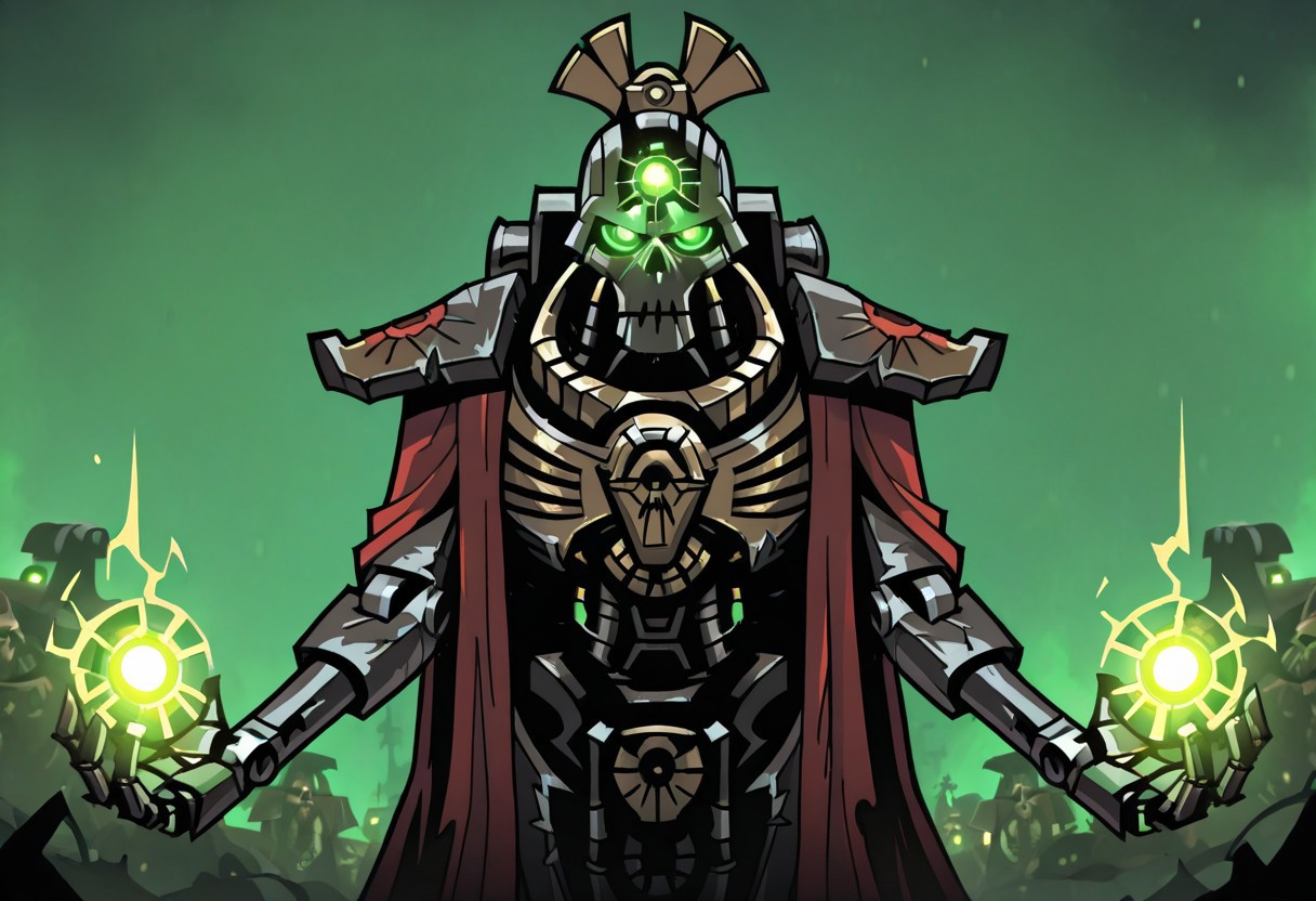 masterpiece, best quality, <break> , solo, 1other, (((necron))), (((glowing))), (((robot))), (((green eyes))), ((warhammer 40000))), 
 looking at viewer, standing, 
(((vanripper))), 
<lora:VanripperIllustriousXL_byKonan:1>